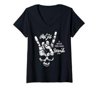 Femme La Musique, C'est ce à Quoi ressemblent Les Sentiments Rock Skull Hand T-Shirt avec Col en V