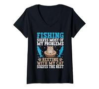 Femme La pêche résout la plupart de mes problèmes. Mon chat résout le reste T-Shirt avec Col en V