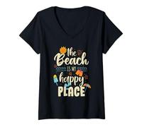 Femme La Plage est Mon Endroit Heureux T-Shirt avec Col en V