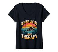 Femme La plongée sous-Marine est ma thérapie Vintage Ocean Sunset T-Shirt avec Col en V