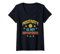 Femme La positivité est Mon Super Pouvoir, rétro, Happy Face, Positive Vibes T-Shirt avec Col en V