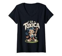 Femme La Toxica Style rétro Cartoon Amusant Baseball Latino T-Shirt avec Col en V
