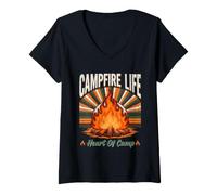 Femme La Vie Autour d'un feu de Camp Le cœur du Camping T-Shirt avec Col en V