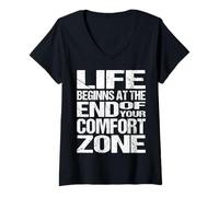 Femme La Vie Commence à la Fin de Votre Zone de Confort - Motivation T-Shirt avec Col en V