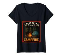 Femme La vie est meilleure au feu de camp drôle Camping Camper Camp T-Shirt avec Col en V