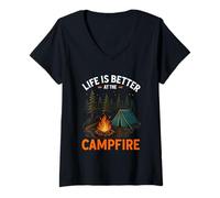 Femme La vie est meilleure au feu de camp drôle Camping Camper Camp T-Shirt avec Col en V