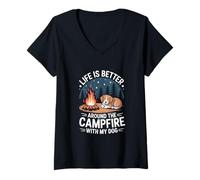 Femme La vie est meilleure autour du feu de camp avec mon chien T-Shirt avec Col en V