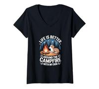 Femme La vie est meilleure autour du feu de camp avec mon chien T-Shirt avec Col en V