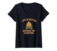 Femme La Vie est Meilleure Autour du feu de Camp T-Shirt avec Col en V