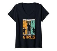 Femme La Vie Est Meilleure avec Mes Filles Dictons Papa Père T-Shirt avec Col en V