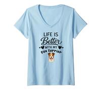 Femme La Vie Est Meilleure avec Mon Chien Fox Terrier T-Shirt avec Col en V