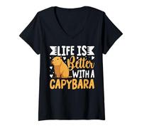 Femme La Vie est Meilleure avec Un Amoureux du Capybara drôle et Mignon T-Shirt avec Col en V