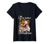 Femme La Vie est Meilleure avec Un Chihuahua aux Cheveux Longs et Amoureux des Chiens Chiwawa T-Shirt avec Col en V