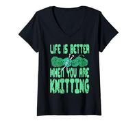 Femme La Vie est Meilleure Quand On Tricote Fil Bonheur T-Shirt avec Col en V