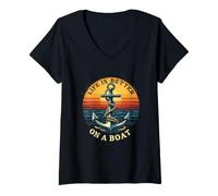 Femme La Vie est Meilleure sur Un Bateau - Scène audacieuse d'ancre Coucher de Soleil T-Shirt avec Col en V