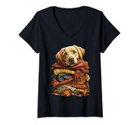 Femme Labrador Retriever coloré avec Feuilles d'automne pour Chien T-Shirt avec Col en V