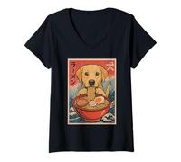 Femme Labrador Retriever Mangeant des Ramen Kawaii Anime Dog Lover T-Shirt avec Col en V