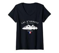 Femme Lac d'Annecy Haute-Savoie France Station de Montagne Drapeau Français T-Shirt avec Col en V