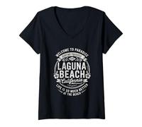 Femme Laguna Beach California USA Vintage Paradise Illustration T-Shirt avec Col en V