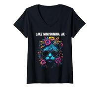 Femme Lake Minchumina Alaska Chat avec Fleurs T-Shirt avec Col en V
