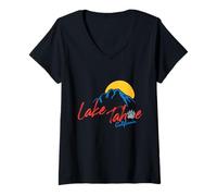 Femme Lake Tahoe Ski California Vintage Sunset Mountain T-Shirt avec Col en V