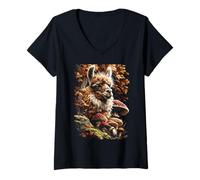 Femme Lama coloré avec Feuilles d'automne Champignons Automne T-Shirt avec Col en V