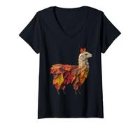 Femme Lama Fall Leaves Artistic Autumn Farm Animal Art Esthétique T-Shirt avec Col en V