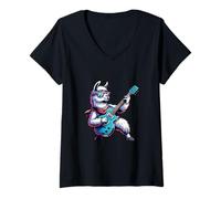 Femme Lama Rockeur avec E-Guitare Lunettes Stylées T-Shirt avec Col en V