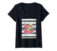 Femme Lama sur Un Flamant Rose Flottant T-Shirt avec Col en V