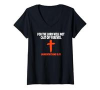 Femme Lamentations 3:31 Écriture des versets de la Bible T-Shirt avec Col en V