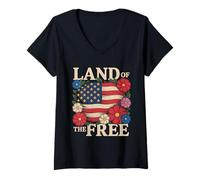 Femme Land of The Free - Drapeau américain Floral Patriotique T-Shirt avec Col en V