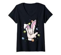 Femme Langue des Signes ASL Sourd Teacher Interprète Œufs Oreilles de Lapin T-Shirt avec Col en V