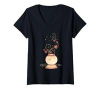 Femme Lanterne Automne Feuilles Érable Art Japonais Minimal T-Shirt avec Col en V