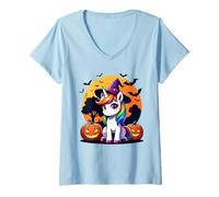 Femme Lanterne Magique Licorne Halloween Citrouille Lueur Fantaisie T-Shirt avec Col en V