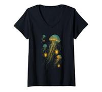 Femme Lanterne Méduse Fantaisie Océan Nuit Surréaliste Art Art T-Shirt avec Col en V