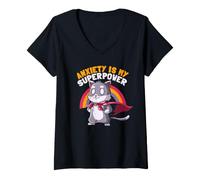 Femme L'anxiété est Mon Super Pouvoir, Mignon Chat Super héros, Funny EduEly T-Shirt avec Col en V