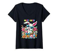 Femme Lapin Amusant pour Pâques - Motif Happy Easter - pour Adultes T-Shirt avec Col en V