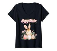 Femme Lapin de Pâques Amusant pour Femmes Filles Lapin Chasse aux œufs de Pâques T-Shirt avec Col en V