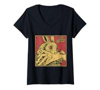 Femme Lapin Drôle Mordant la Main Dessin Comique Humour T-Shirt avec Col en V
