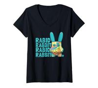 Femme Lapin enragé Multi Perruche Fuggler Monstre Texte T-Shirt avec Col en V