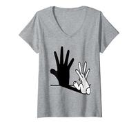 Femme Lapin Fabriquant des marionnettes d'ombre T-Shirt avec Col en V, Gris Chiné, M