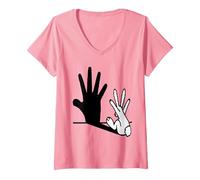 Femme Lapin Fabriquant des marionnettes d'ombre T-Shirt avec Col en V, Rose, L