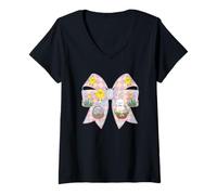 Femme Lapin Family - Décoration de Pâques - Cœur assorti - Noeud Coquette Rose T-Shirt avec Col en V