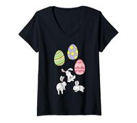 Femme Lapin Family - Décoration de Pâques - Cœur assorti - Noeud Coquette Rose T-Shirt avec Col en V