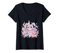Femme Lapin Goth Pastel Effrayant Poupée Vaudou Crânes Esthétique T-Shirt avec Col en V