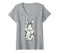 Femme Lapin Japonais Sumi-e Maneki Neko Fortune T-Shirt avec Col en V