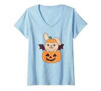 Femme Lapin Joyeux Halloween Citrouille Chauve-Souris Lapins T-Shirt avec Col en V