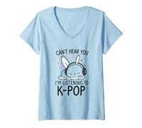 Femme Lapin Mignon au Casque écoute K-Pop Style Anime T-Shirt avec Col en V