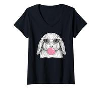 Femme Lapin Mignon avec des Ombres œil de Chat et du Chewing-Gum T-Shirt avec Col en V