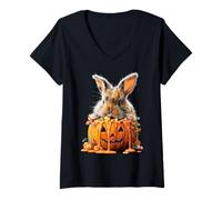 Femme Lapin Mignon en Forme de Citrouille, Bonbon, maïs, Animal d'halloween T-Shirt avec Col en V